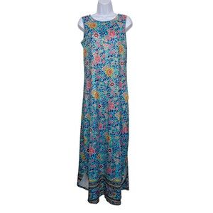 Hount Womens size S Blue & Pink Floral Maxi Dress Sleeveless Pockets Side Slits
